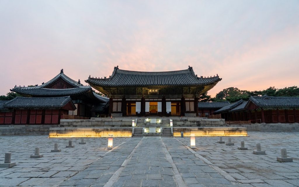 Myeongjeongjeon Hall at Changgyeonggung Palace, oldest surviving throne hall in Seoul with traditional Korean architecture and dancheong decorations